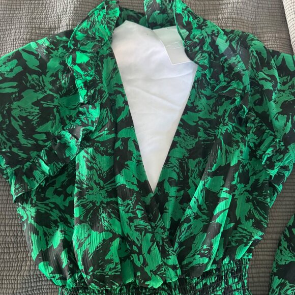 MISA Los Angeles Maxi Dress • Size S • Green/Black Print • Deep V & Slit - Picture 3 of 3